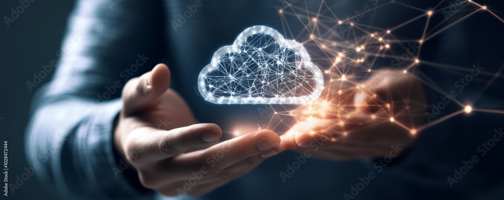 Poster a person holds a digital cloud symbol, representing cloud computing technology and data transfer in 