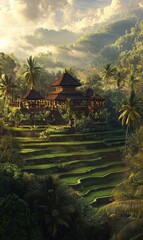 Temple nestled in lush green rice terraces.