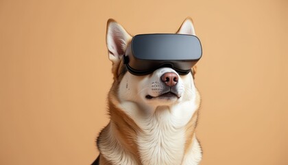 Siberian Husky using VR glasses while standing over an isolated sandy brown background.
