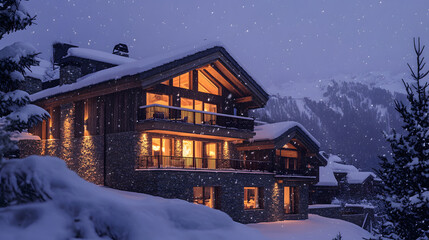 Fototapeta premium A luxury ski chalet at dusk with lights glowing warmly in the windows snow falling gently.