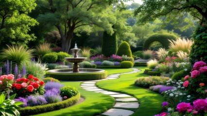 Lush Garden with a Winding Path and a Fountain