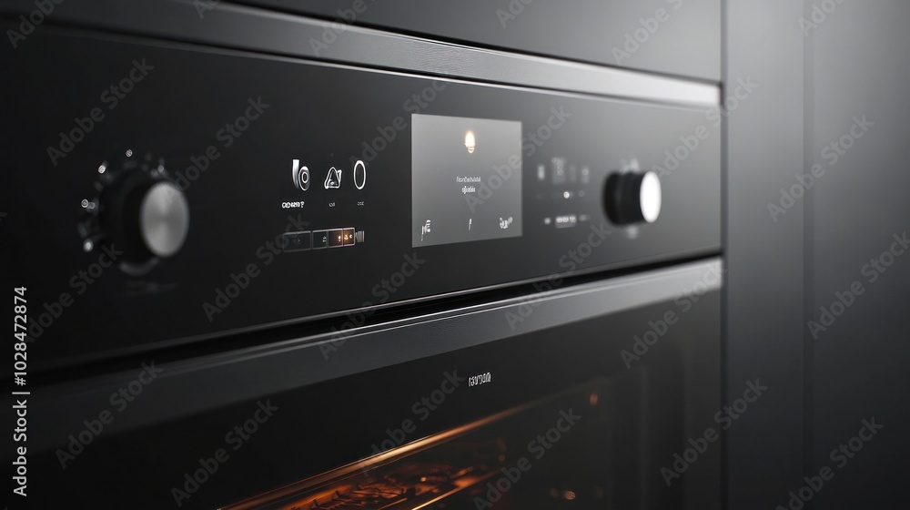 Poster close-up of a modern oven control panel with digital display and knobs.