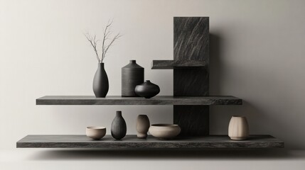 Minimalist Black and Brown Decor on Wooden Shelves