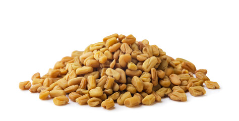 Pile of fenugreek seeds close-up on a white background. Isolated