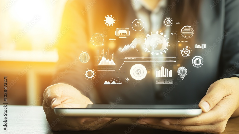 Aufkleber a business professional uses a tablet, showcasing digital data visualization and analytics in a mode