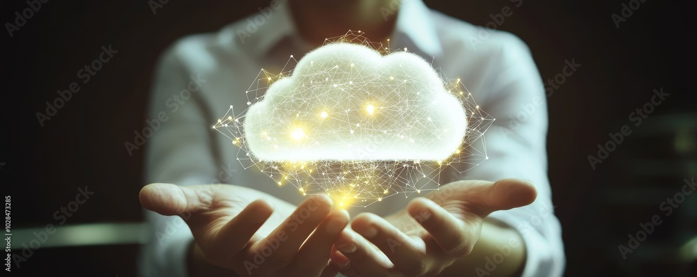 Poster a person holds a glowing cloud symbolizing digital technology and innovation, representing cloud com