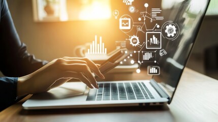 A person using a laptop and smartphone with digital graphics, illustrating technology and communication on a workspace.