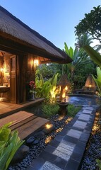 Tropical resort with stone pathway and pool.