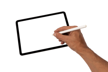 Male hand drawing or writing on an tablet with blanc screen no background cutout