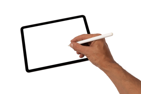 Male hand drawing or writing on an tablet with blanc screen no background cutout