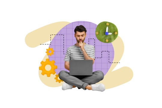 Collage poster 3d picture of minded man it specialist sitting thinking new project startup make money isolated on drawing beige background