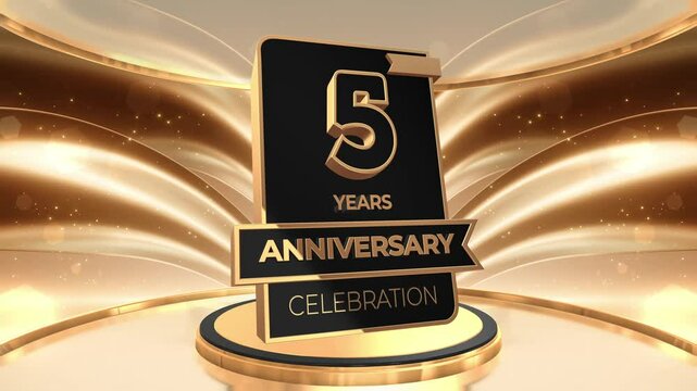 5 years, 5th anniversary logo loop, looped video background, backdrop in 3D Gold 
