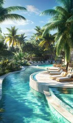 Obraz premium Palm trees, lounge chairs, and a winding pool.