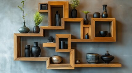 Wooden Shelves Decorated with Vases, Plants, and Other Objects
