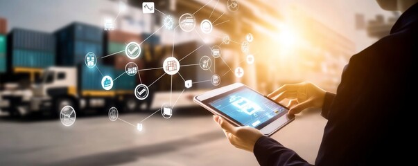 A professional using a tablet in a logistics environment, showcasing digital connectivity and communication in freight management.