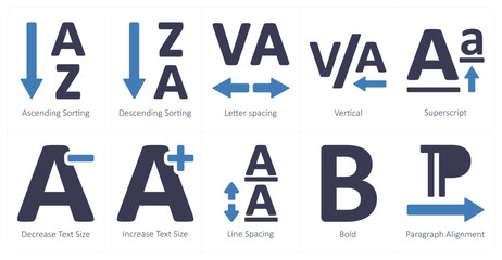 A set of 10 editing tools icons as ascending sorting, descending sorting, letter spacing