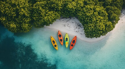An aerial view of the colorful kayaks lined up along an island's shore