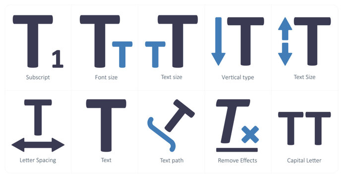 A set of 10 editing tools icons as subscript, font size, text size
