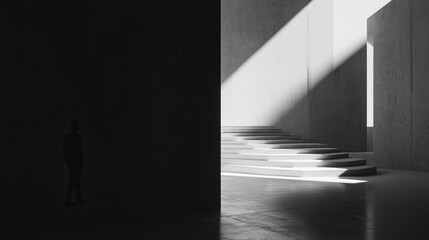 A Man Silhouetted in a Dark Room Looking at Stairs in a Concrete Room