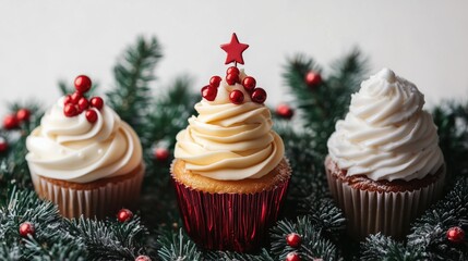 Delicious muffins covered with cream and decorated for Christmas. Holiday cupcake with red berries and star on top