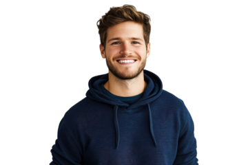 Portrait of a young man in a navy blue hoodie smiling warmly on a transparent background