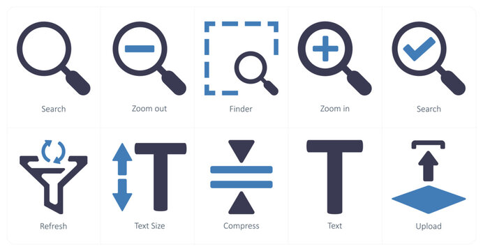 A set of 10 editing tools icons as search, zoom out, finder