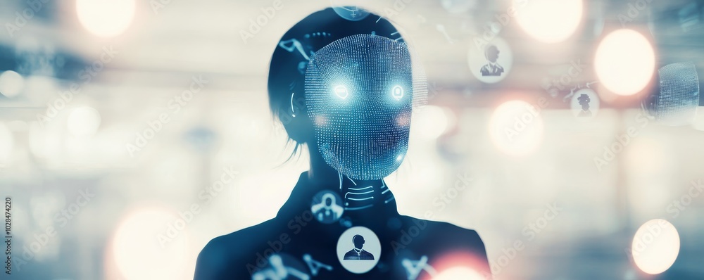 Poster futuristic humanoid robot with glowing features, embodying advanced technology and artificial intell