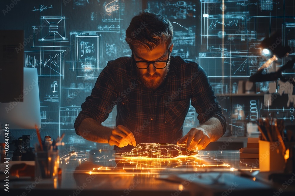 Poster an aerospace engineer in a lab, working on a model of a spacecraft, with detailed sketches and techn