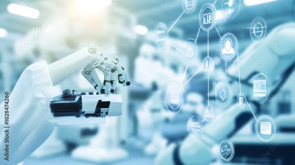 Poster a futuristic robotic hand interacts with digital interfaces, symbolizing the fusion of technology an