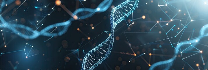 Dynamic 3D representation of a DNA strand intertwined with digital data, showcasing the fusion of biology and technology. Generative AI