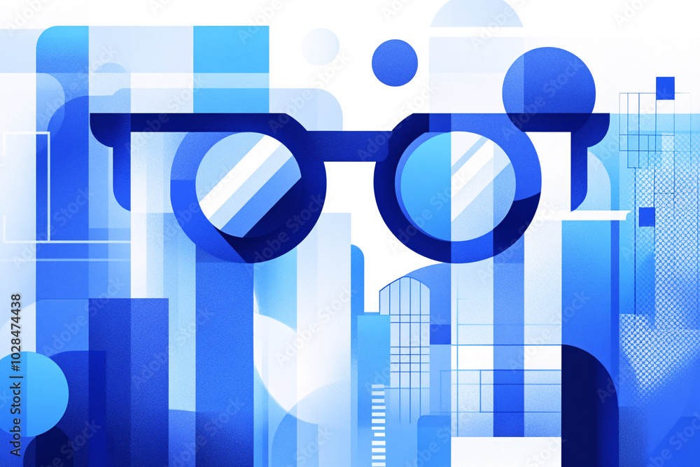 Poster abstract design featuring blue geometric shapes and glasses creating a modern and dynamic visual com