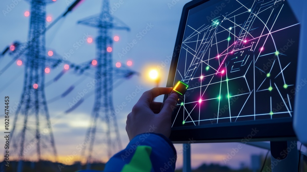 Poster a hand adjusts a digital control interface while monitoring power lines at dusk, illustrating modern