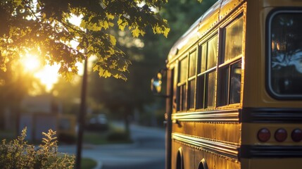 Obraz premium yellow school bus parked by the roadside during sunset, with golden light filtering through the trees, creating a nostalgic and warm atmosphere.