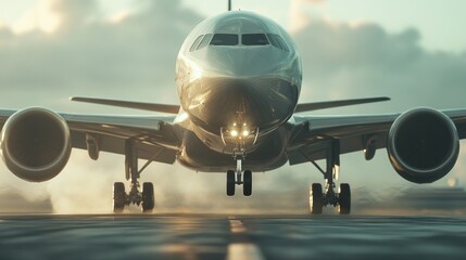Fototapeta premium A close-up view of an airplane preparing for takeoff on a runway.