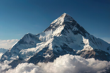 Snow Capped Mountain Peak Rising Above Clouds: Aerial View of Everest-like Summit in Dramatic Sunlight - Breathtaking Himalayan Landscape Showcasing Nature's Grandeur and Ultimate Climbing Challenge
