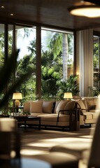 Fototapeta premium A luxurious living room with a view of tropical foliage.