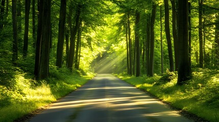 29. An empty road through a dense forest, with sunlight filtering through the trees