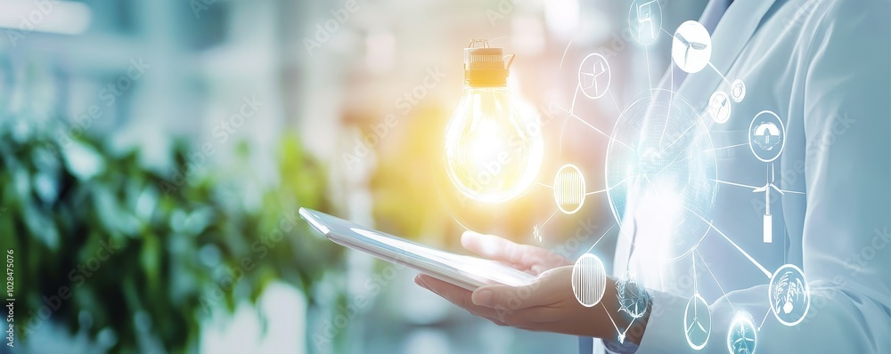Aufkleber a person using a tablet with glowing icons in a modern workspace, symbolizing innovation and technol
