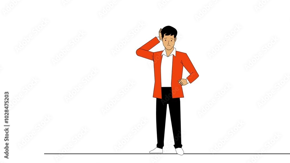 Poster confused office worker standing near financial chart. decision making problem concept. flat metaphor