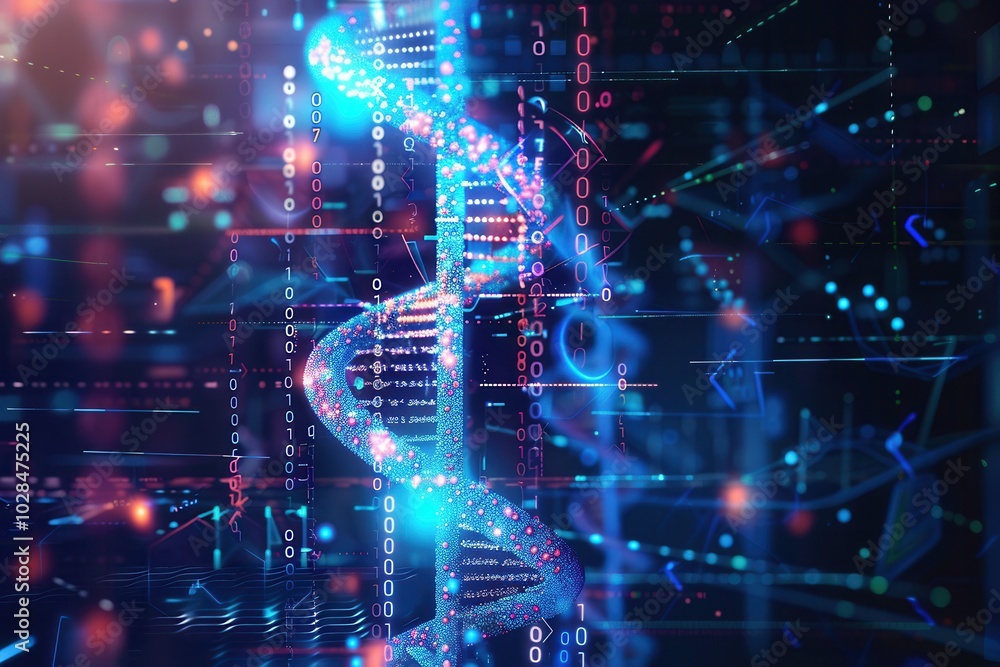 Aufkleber a detailed 3d dna strand is integrated with streams of binary code and digital data in a modern, hig