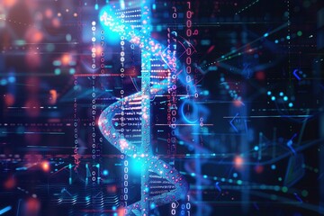 A detailed 3D DNA strand is integrated with streams of binary code and digital data in a modern, high-tech environment. Generative AI