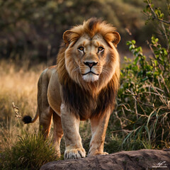 Strong male lion with confident, golden light, generative AI