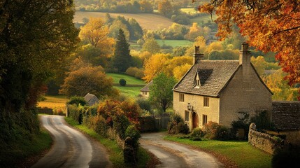 Obraz premium Stone Cottage with Winding Road in an Autumnal Landscape