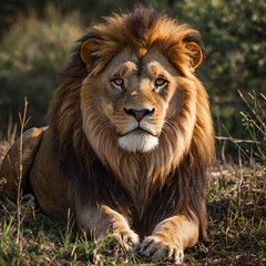 Strong male lion with confident, golden light, generative AI