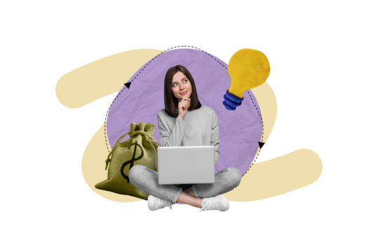Poster image collage of minded clever smart lady sitting working online netbook device earning money isolated on drawing beige background - Powered by Adobe
