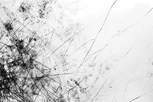 Abstract black scratches and marks on a white background creating a distressed grunge texture. Isolated cutout on transparent or white background, template.