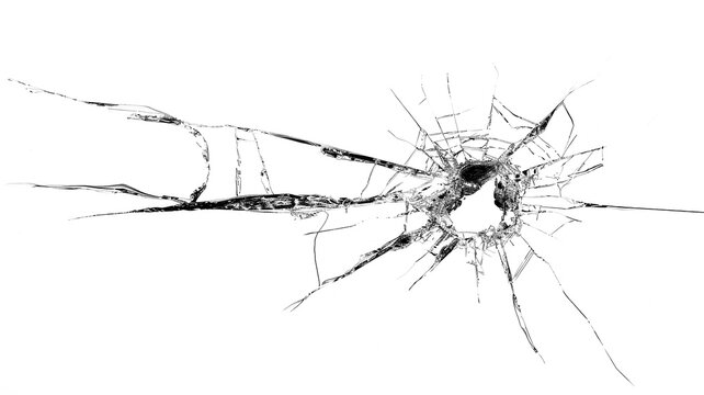 Bullet hole with spiderweb-like cracked glass pattern spreading outwards. Isolated cutout on transparent or white background, template. - Powered by Adobe