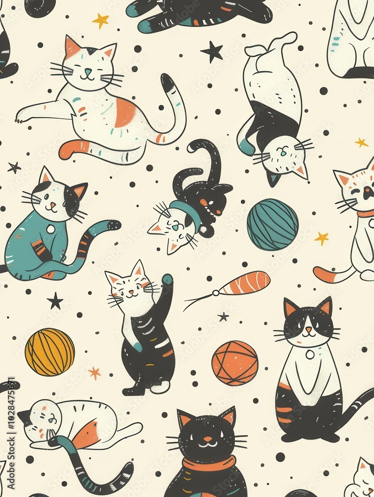 Aufkleber Cats are joyfully playing with various toys and balls while interacting with colorful yarn in an engaging, playful atmosphere. Generative AI