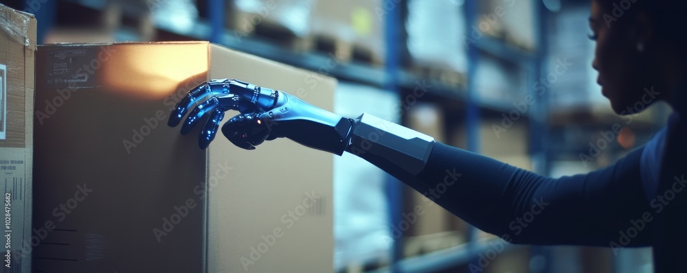 Poster a futuristic robotic arm efficiently handling packages in a modern warehouse setting, showcasing the