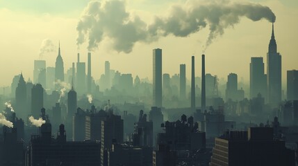 Fototapeta premium busy cityscape with skyscrapers and towering smokestacks.